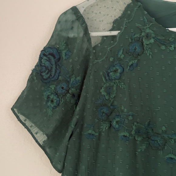 Zara Trafaluc Blouse sz Medium Green Embroidered Ruffle Peplum Top Short Sleeves - Picture 2 of 11